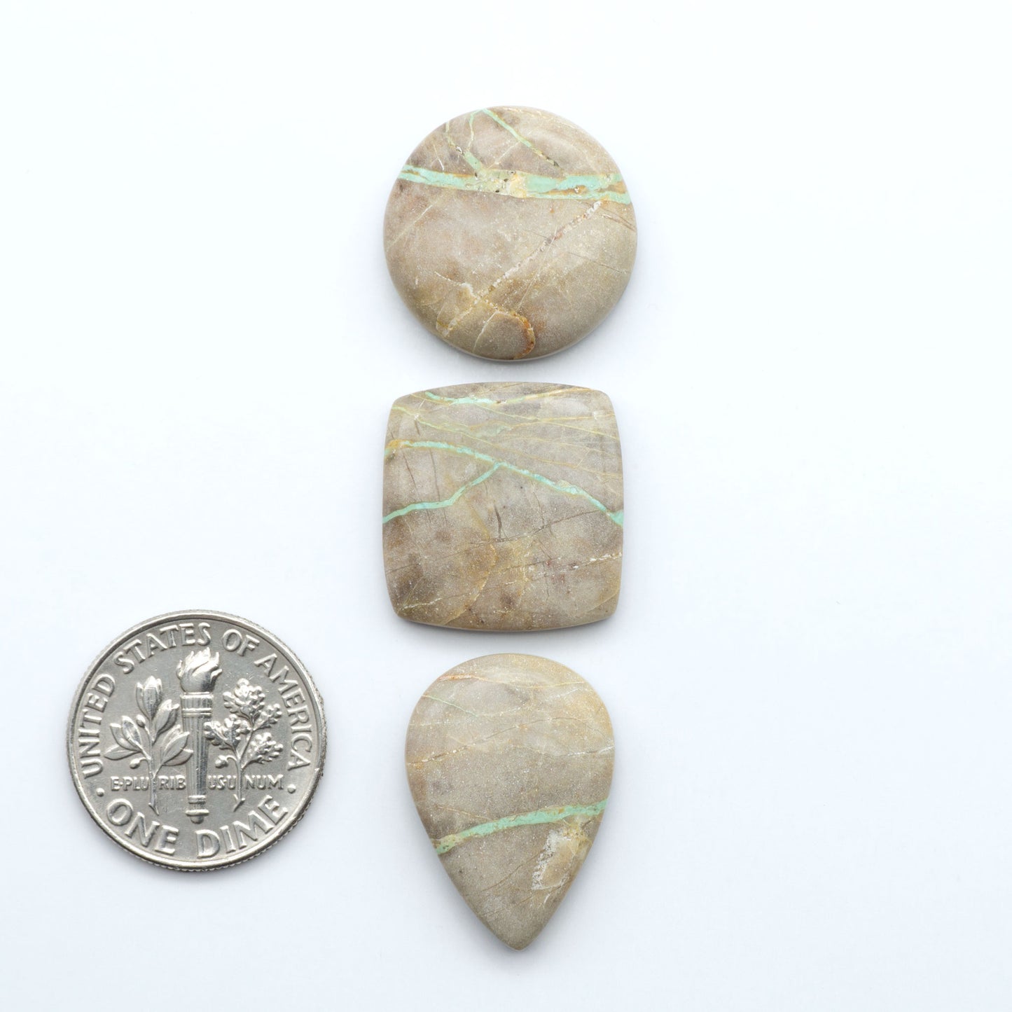 Crow Springs Ribbon turquoise cabochons, rich color with distinctive matrix, polished stones on white background with US dime for scale