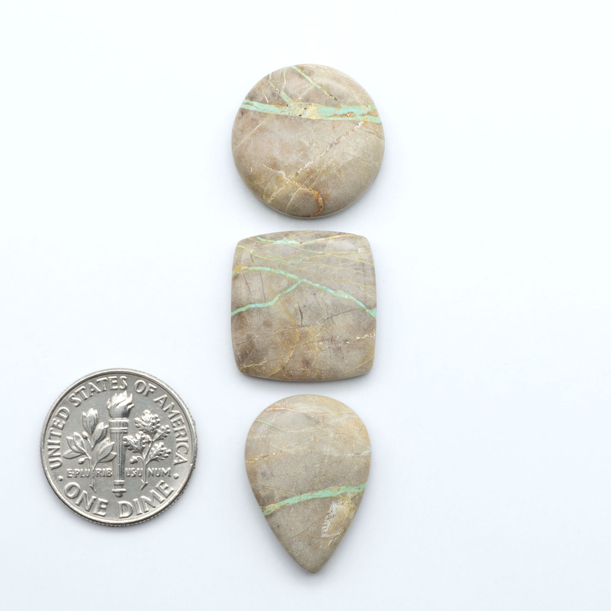 Crow Springs Ribbon turquoise cabochons, rich color with distinctive matrix, polished stones on white background with US dime for scale