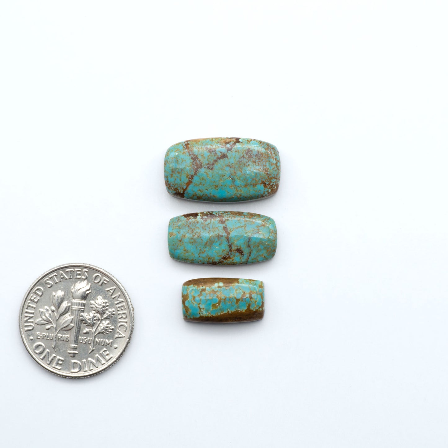 Number 8 turquoise cabochons, classic color with distinctive matrix, polished stones on white background with US dime for scale