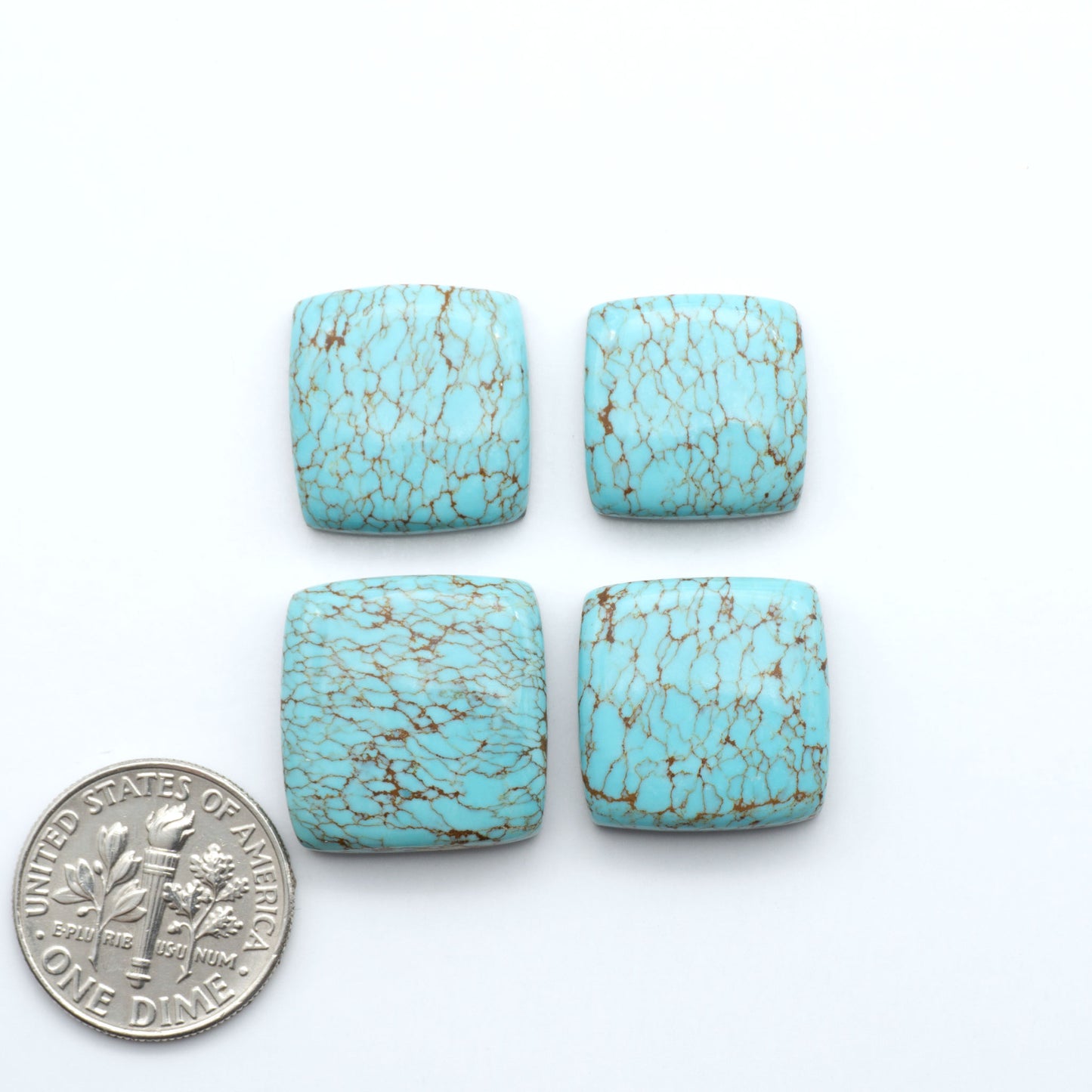 Number 8 Turquoise cabochons, classic color with distinctive matrix, polished stones on a white background with a US dime for scale