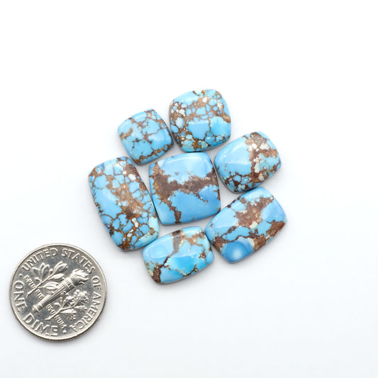 Golden Hills Turquoise cabochons, icy blue to lavender tones with chocolate matrix, polished stones on a white background with a US dime for scale