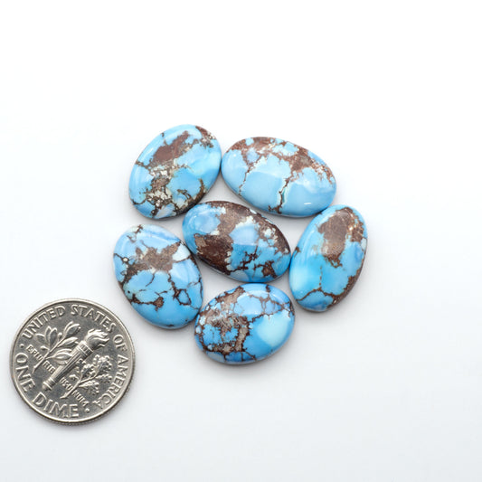 Golden Hills Turquoise cabochons, icy blue to lavender tones with chocolate matrix, polished stones on a white background with a US dime for scale