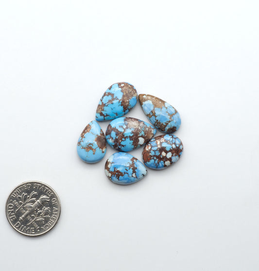 Golden Hills Turquoise cabochons, icy blue to lavender tones with chocolate matrix, polished stones on a white background with a US dime for scale