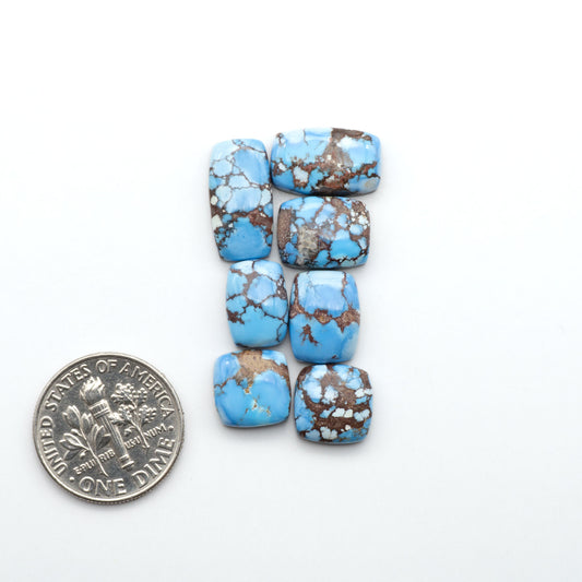 Golden Hills Turquoise cabochons, icy blue to lavender tones with chocolate matrix, polished stones on a white background with a US dime for scale