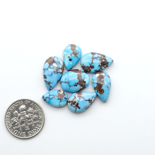 Golden Hills Turquoise cabochons, icy blue to lavender tones with chocolate matrix, polished stones on a white background with a US dime for scale