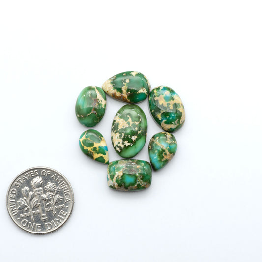Sonoran Mountain Turquoise cabochons, blue-green color with natural matrix, polished stones on a white background with a US dime for scale