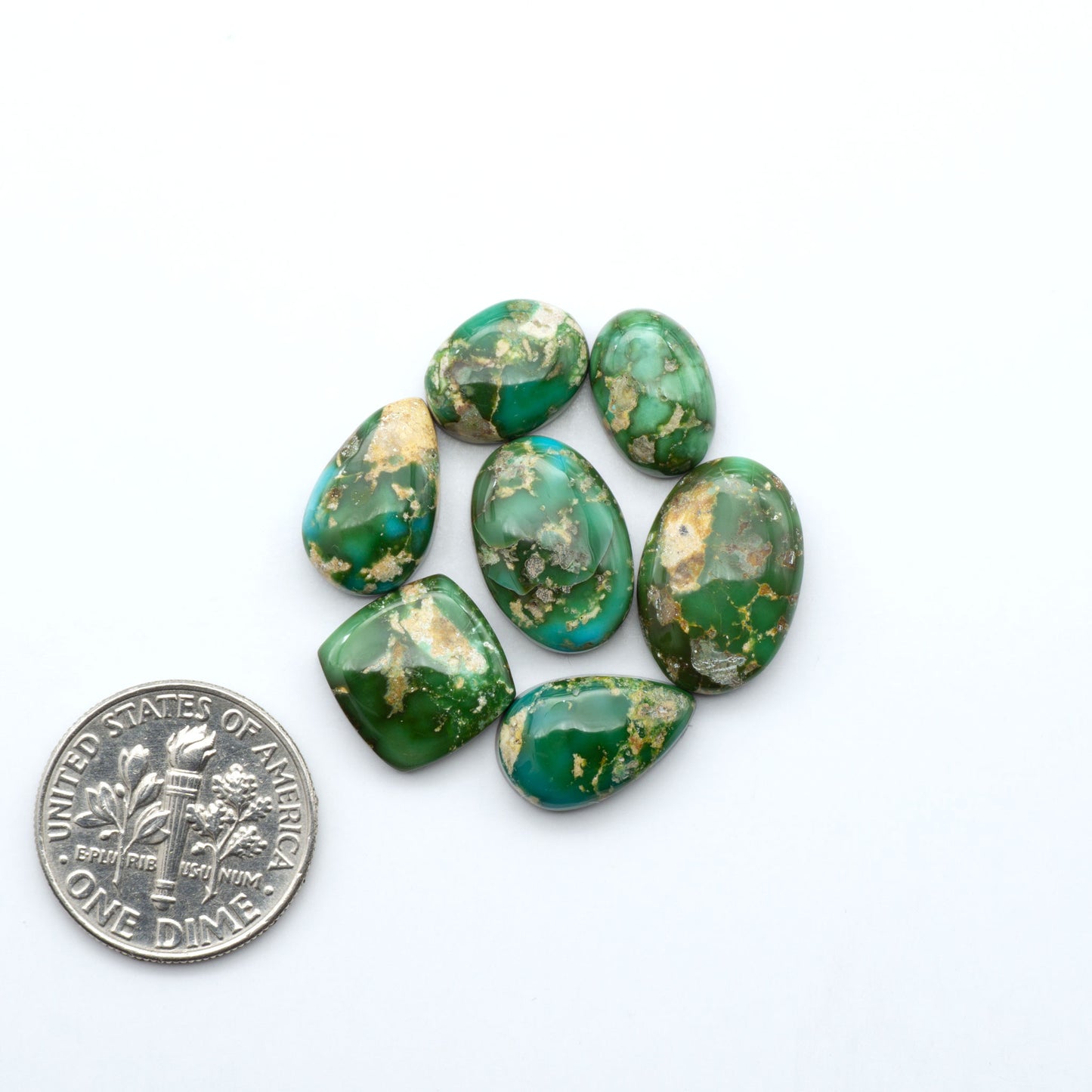 Sonoran Mountain Turquoise cabochons, blue-green color with natural matrix, polished stones on a white background with a US dime for scale