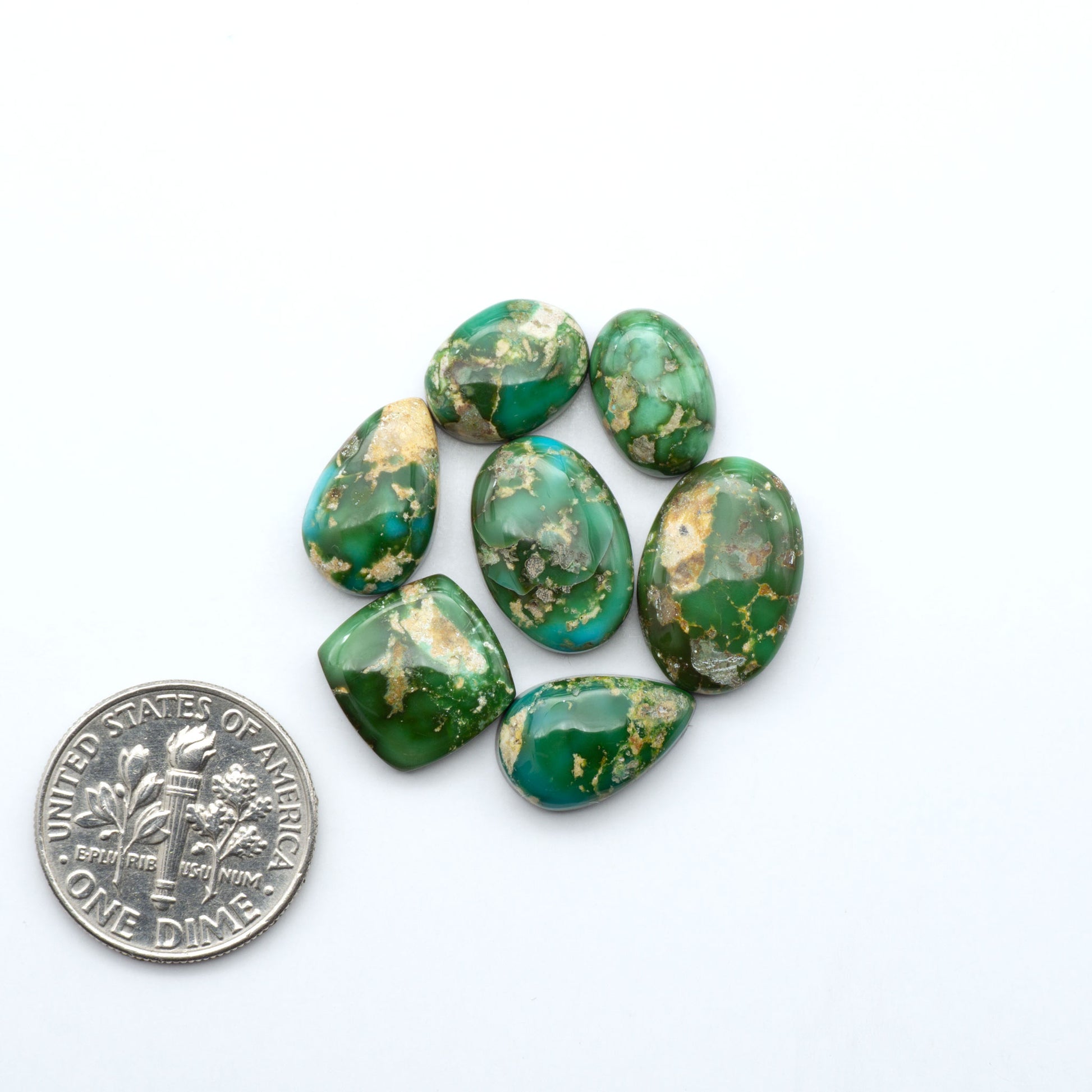 Sonoran Mountain Turquoise cabochons, blue-green color with natural matrix, polished stones on a white background with a US dime for scale