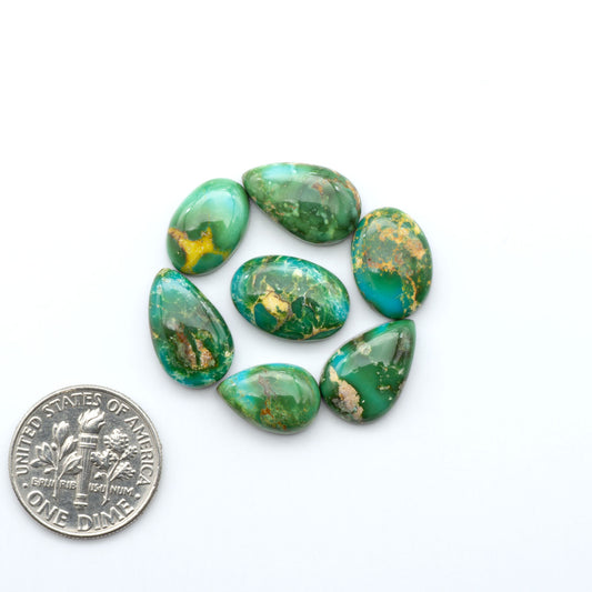 Sonoran Mountain Turquoise cabochons, blue-green color with natural matrix, polished stones on a white background with a US dime for scale