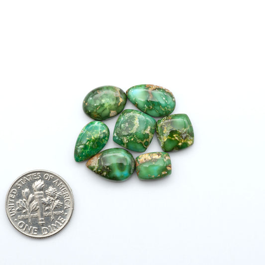 Sonoran Mountain Turquoise cabochons, blue-green color with natural matrix, polished stones on a white background with a US dime for scale