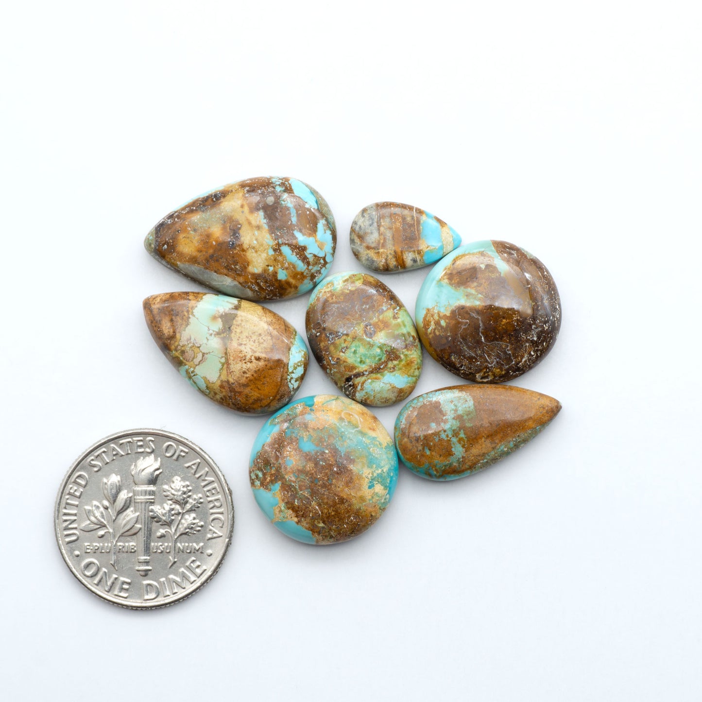 Royston Turquoise cabochons, blue-green color with natural matrix, polished stones on a white background, with a US dime for scale