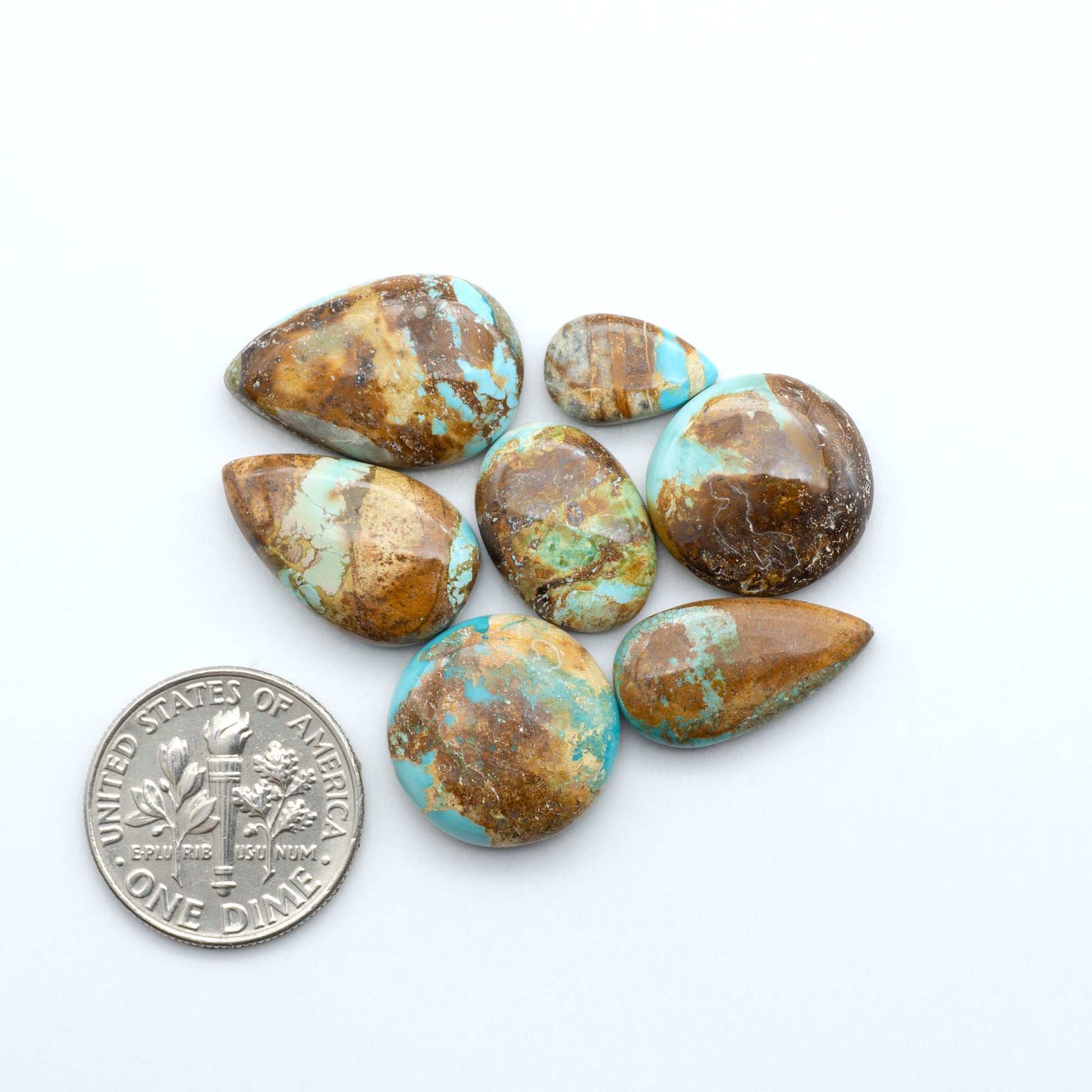 Royston Turquoise cabochons, blue-green color with natural matrix, polished stones on a white background, with a US dime for scale