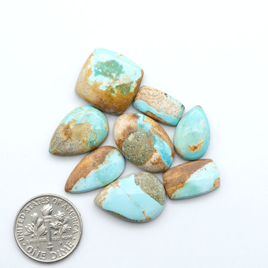 Royston Turquoise cabochons, blue-green color with natural matrix, polished stones on a white background, with a US dime for scale