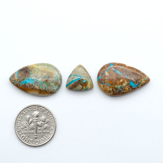 Royston Turquoise cabochons, blue-green color with natural matrix, polished stones on a white background, with a US dime for scale