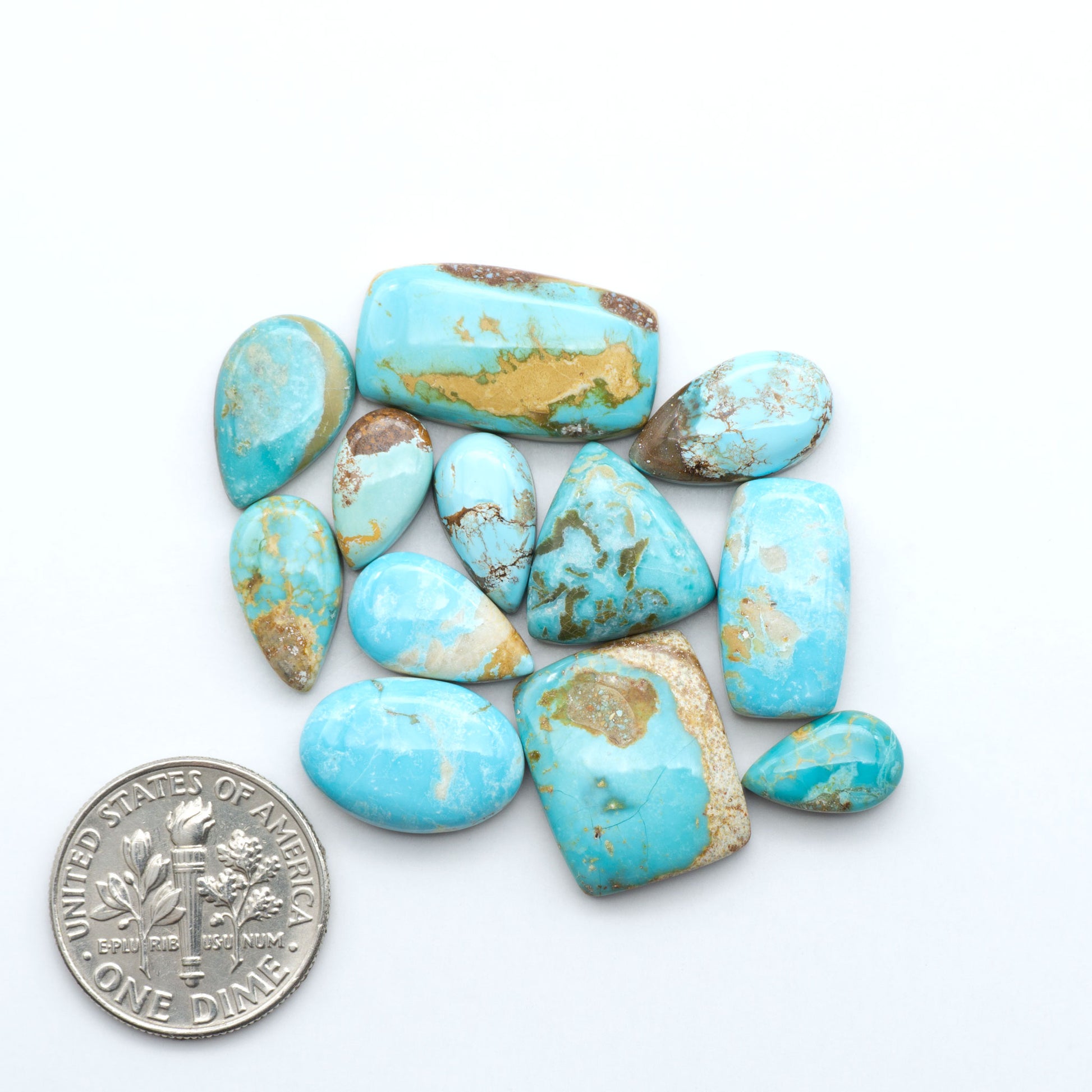 Royston Turquoise cabochons, blue-green color with natural matrix, polished stones on a white background, with a US dime for scale