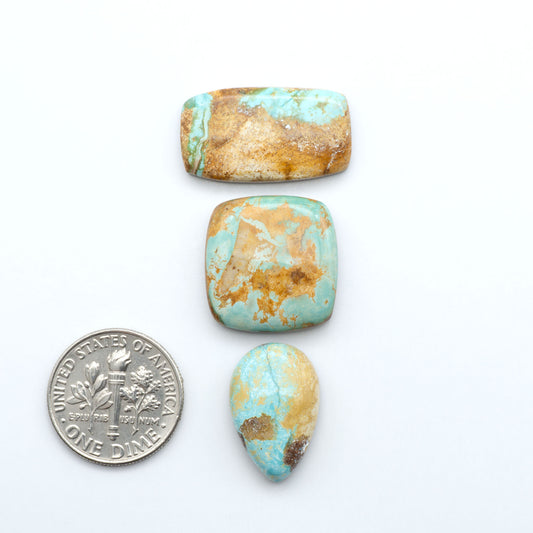 Royston Turquoise cabochons, blue-green color with natural matrix, polished stones on a white background, with a US dime for scale