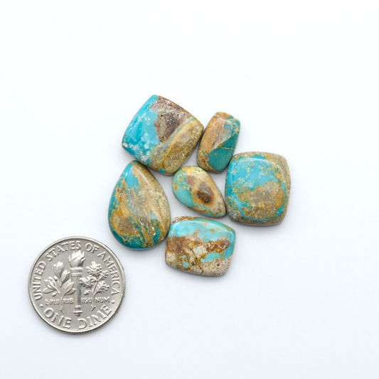 Royston Turquoise cabochons, blue-green color with natural matrix, polished stones on a white background, with a US dime for scale