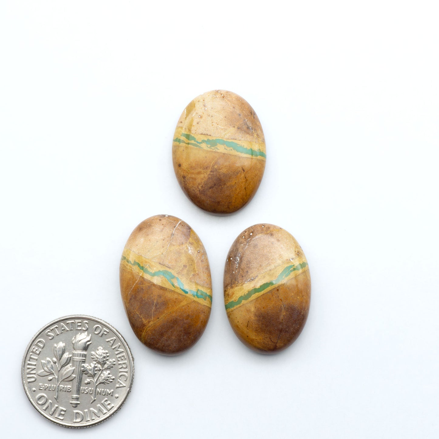 Royston Turquoise cabochons, blue-green color with natural matrix, polished stones on a white background, with a US dime for scale