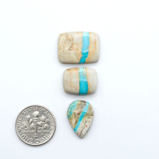 Royston Turquoise cabochons, blue-green color with natural matrix, polished stones on a white background, with a US dime for scale