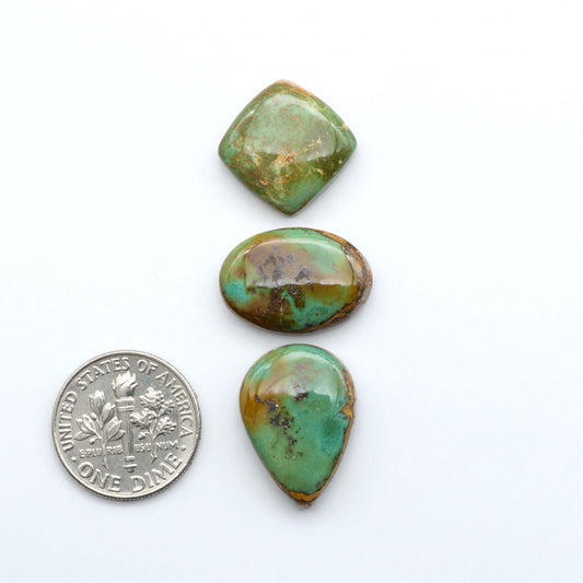 Royston Turquoise cabochons, blue-green color with natural matrix, polished stones on a white background, with a US dime for scale