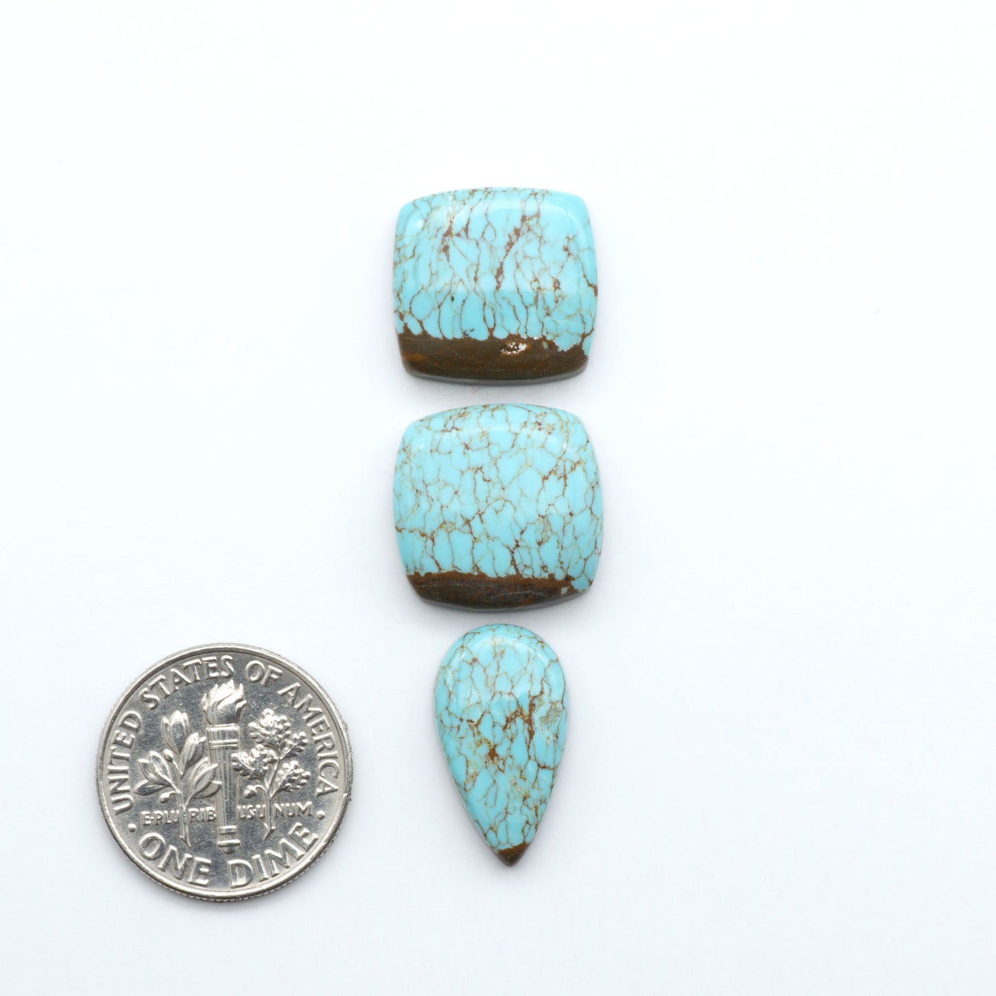 Number 8 Turquoise cabochons, classic color with distinctive matrix, polished stones on a white background with a US dime for scale