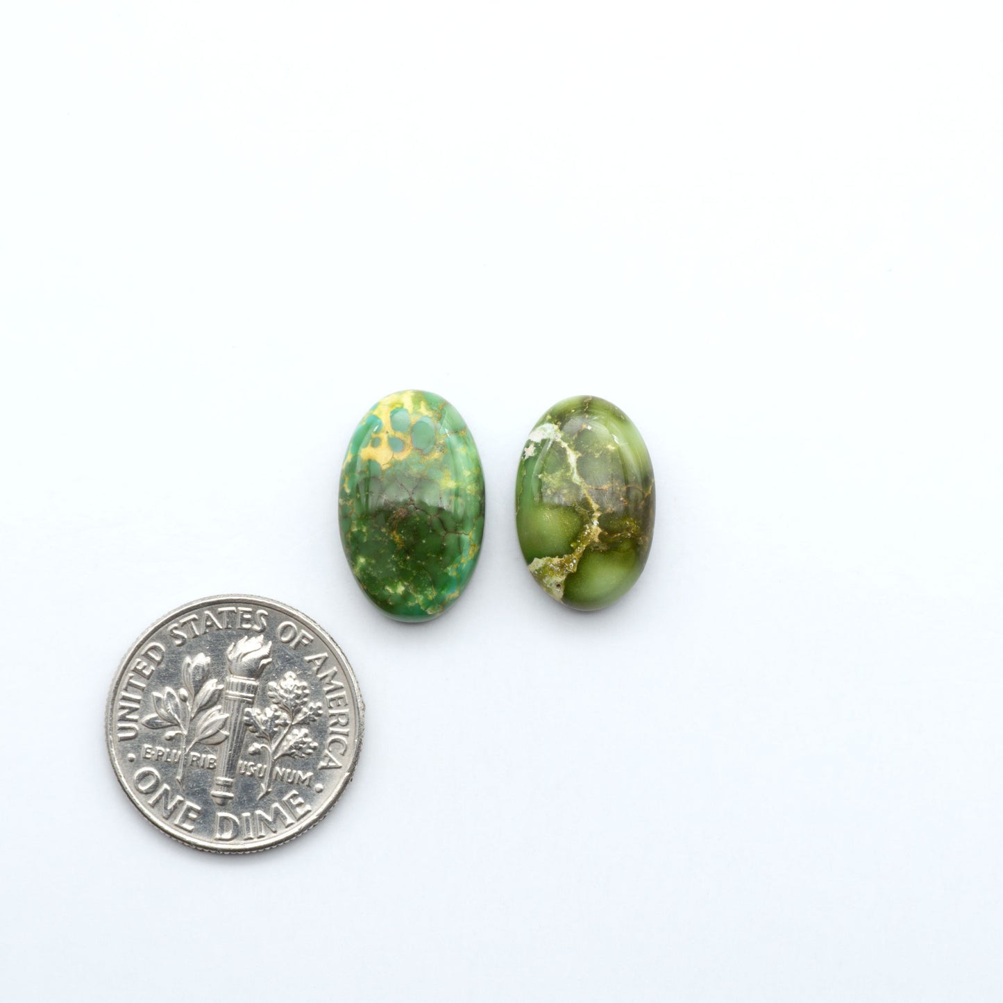 Sonoran Mountain Turquoise cabochons, blue and green color with natural matrix, polished stones on a white background, with a US dime for scale