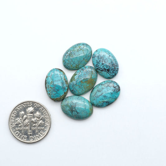 Hubei Cloud Mountain Turquoise cabochons, blue and green color with distinctive matrix, polished stones on a white background with a US dime for scale
