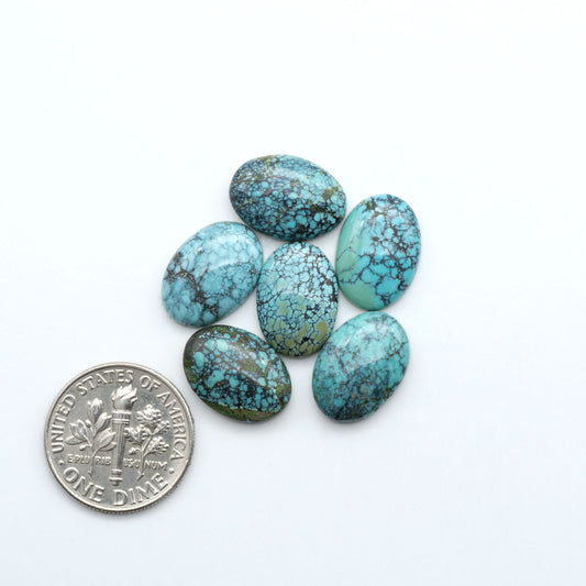 Hubei Cloud Mountain Turquoise cabochons, blue and green color with distinctive matrix, polished stones on a white background with a US dime for scale