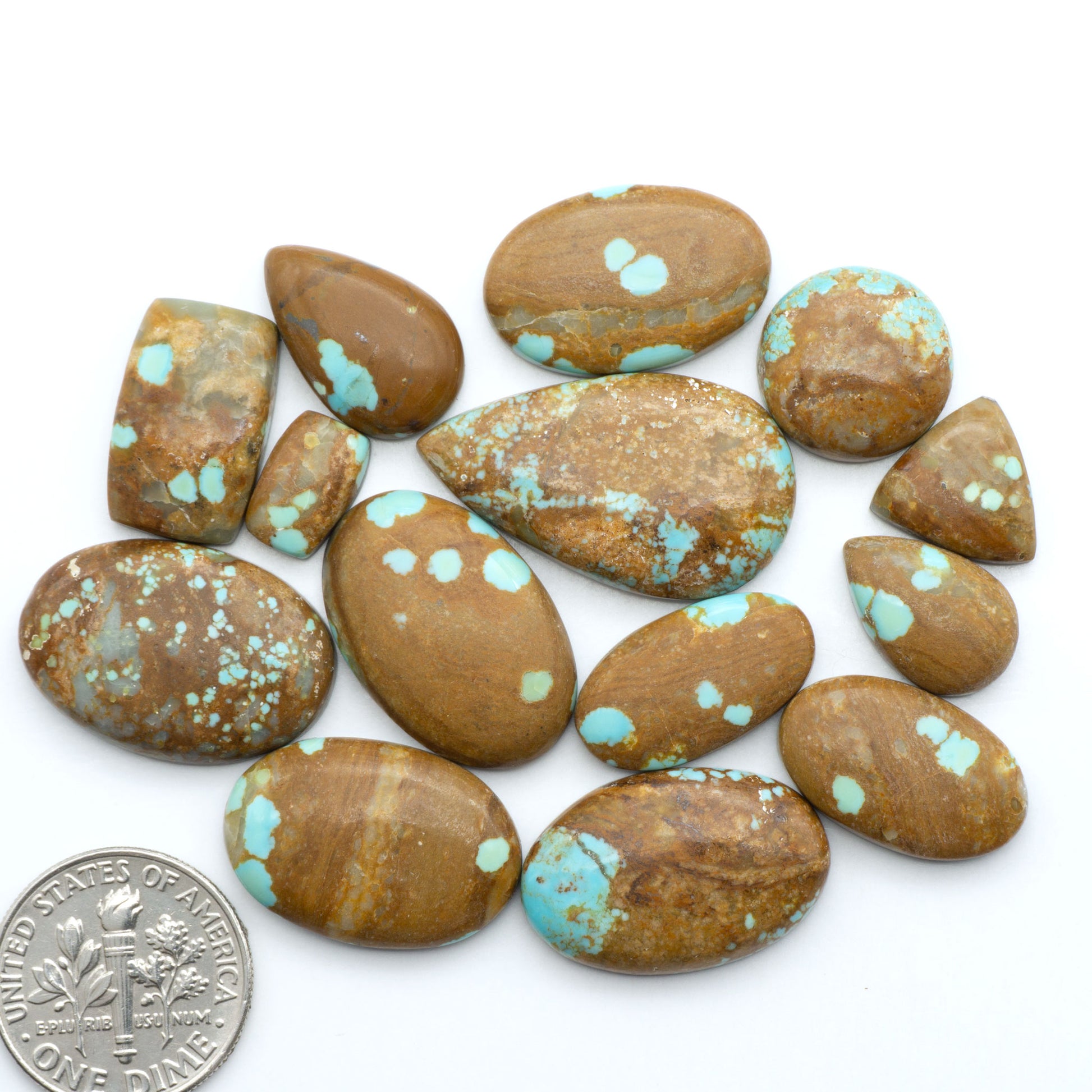Number 8 Turquoise cabochons, blue and green color with brown matrix, polished stones on a white background, with a US dime for scale