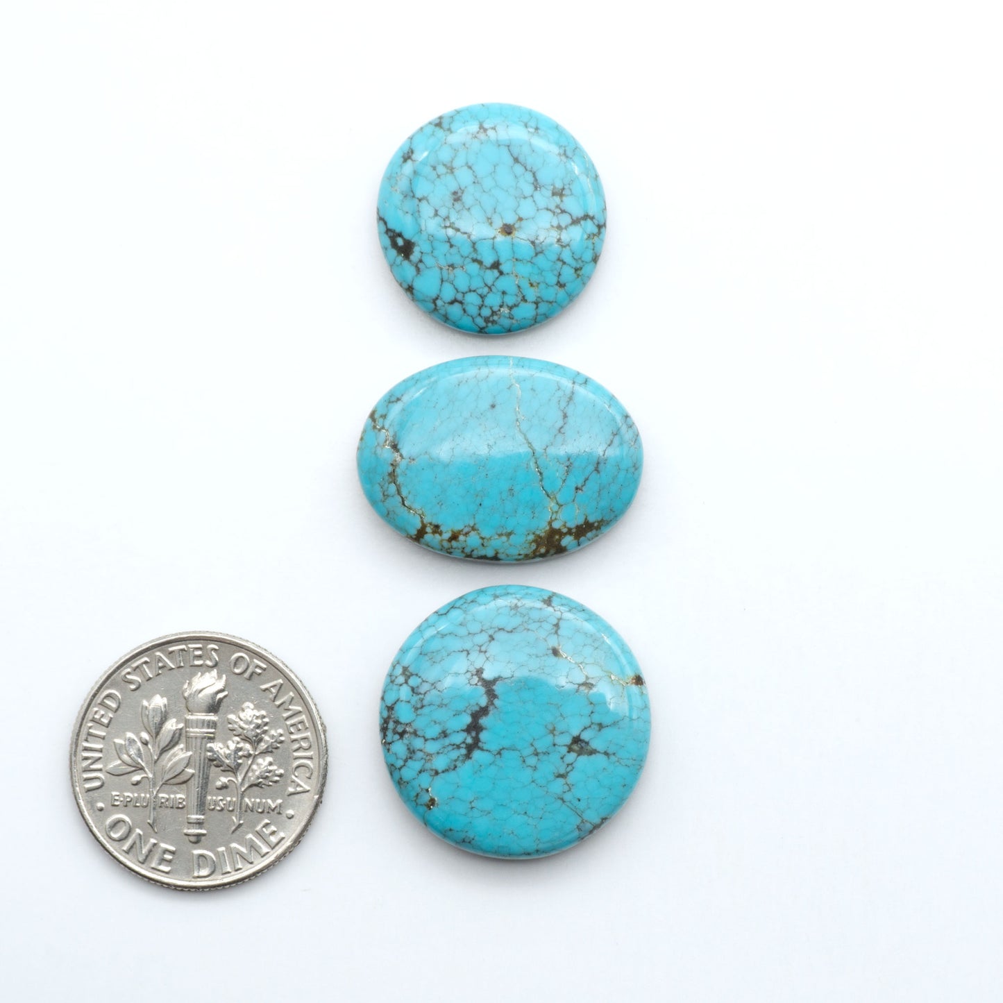 Number 8 Turquoise cabochons, blue color with black web matrix, polished stones on a white background, with a US dime for scale