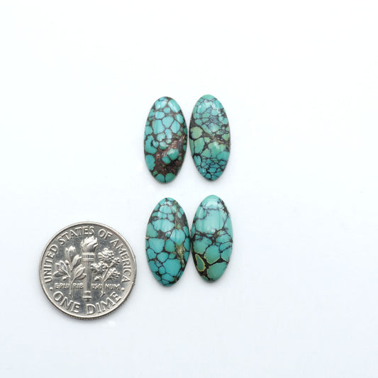 Hubei Cloud Mountain Turquoise cabochons, blue and green color with black matrix, polished stones on a white background with a US dime for scale