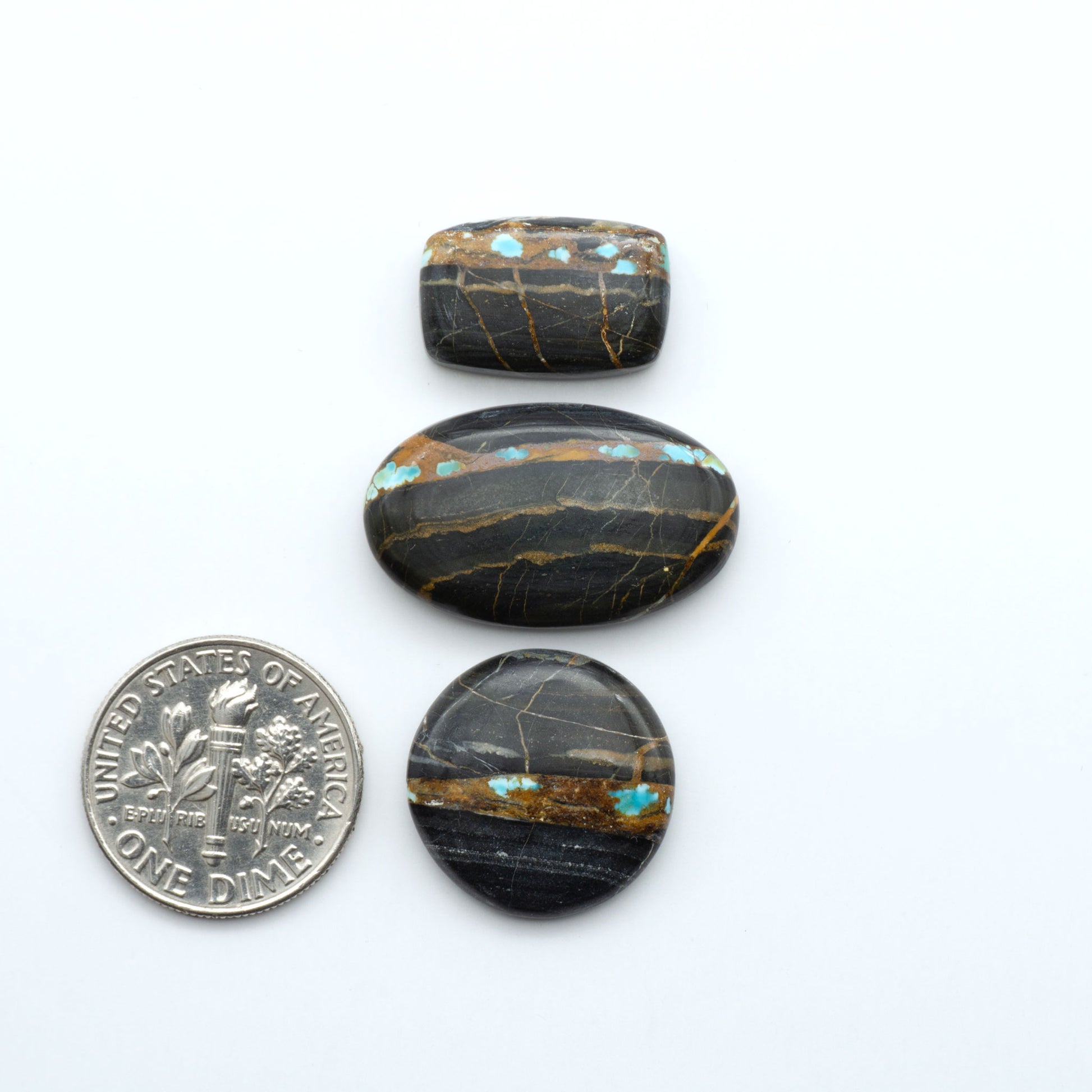 Black Jack turquoise cabochons, blue-green color with black matrix, on a white background with a US dime for scale