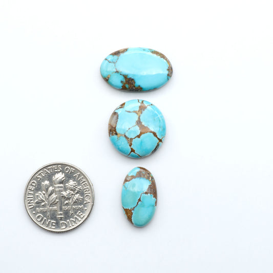 Black Jack turquoise cabochons, blue-green color with black matrix, polished stones on a white background with a US dime for scale