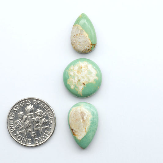 Royston Turquoise cabochons, blue-green color with natural matrix, polished stones on a white background, with a US dime for scale