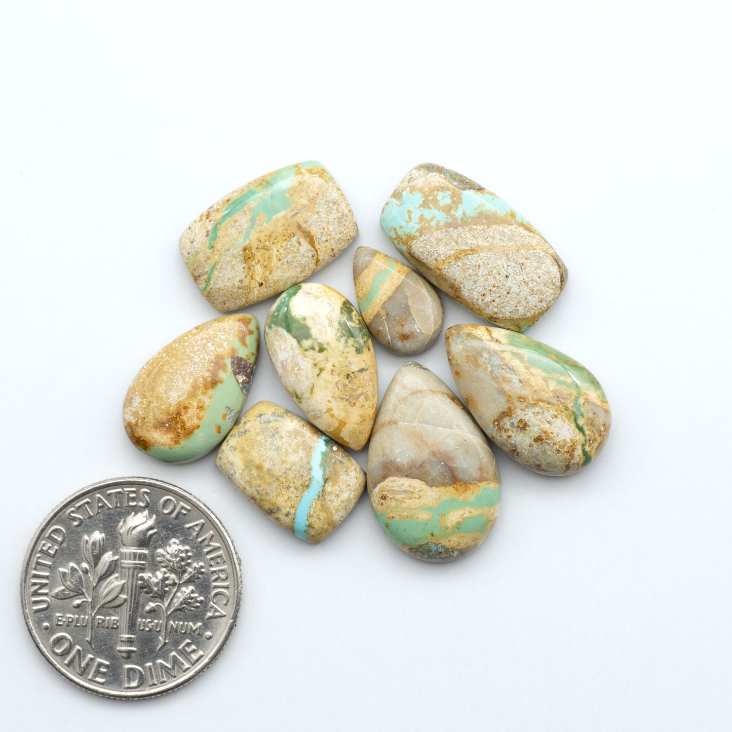 Royston Turquoise cabochons, blue-green color with natural matrix, polished stones on a white background, with a US dime for scale