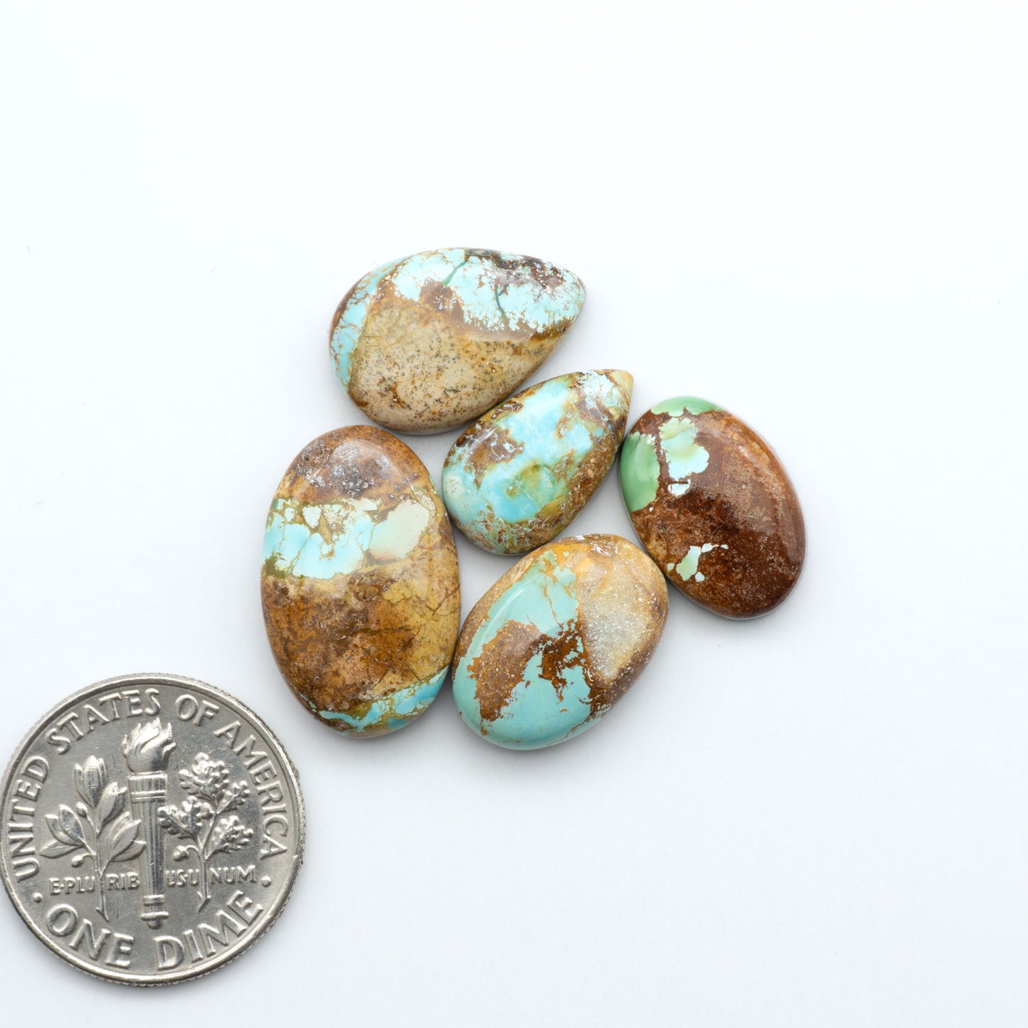 Royston Turquoise cabochons, blue-green color with natural matrix, polished stones on a white background, with a US dime for scale