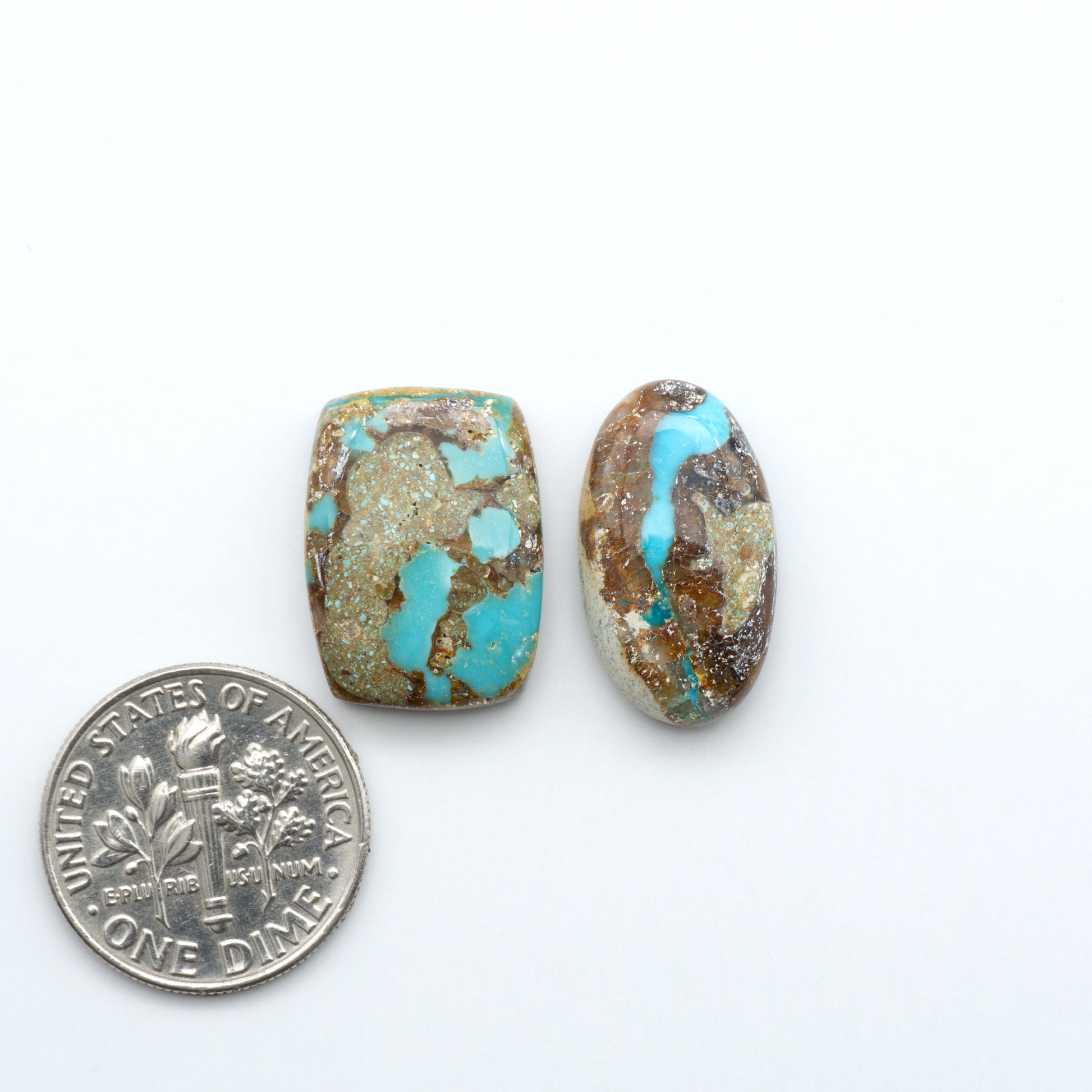 Royston Turquoise cabochons, blue-green color with natural matrix, polished stones on a white background, with a US dime for scale