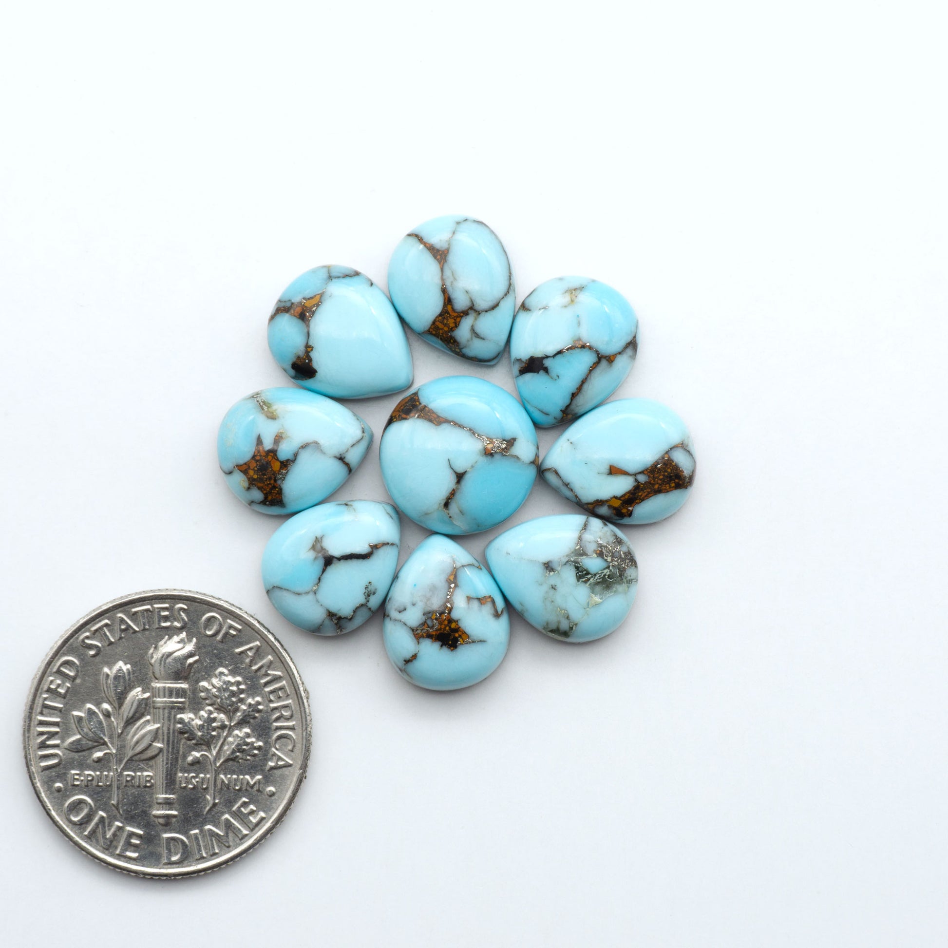 Pressed Turquoise nugget cabochons, composite material with a blue color and dark matrix on a white background, with a US dime for scale.
