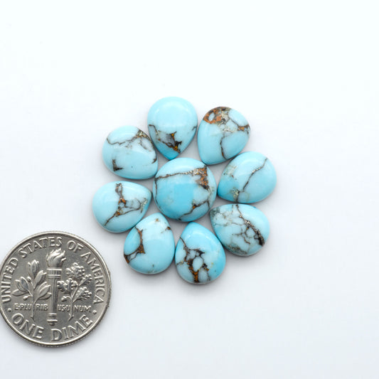 Pressed Turquoise nugget cabochons, composite material with a blue color and dark matrix on a white background, with a US dime for scale.