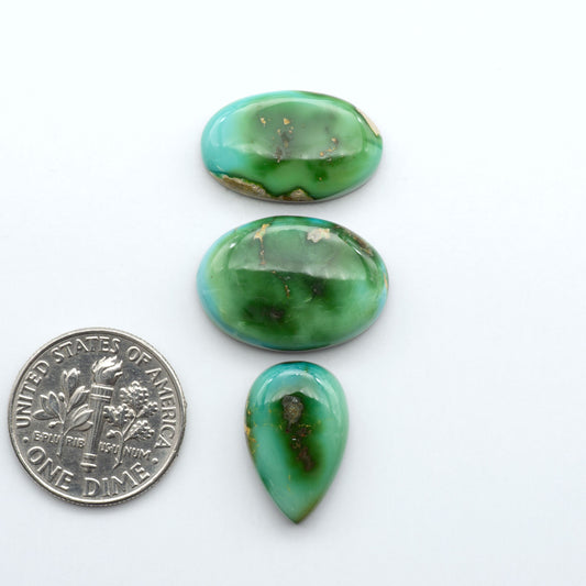 Sonoran Mountain Turquoise cabochons, blue-green color with natural matrix, polished stones on a white background, with a US dime for scale
