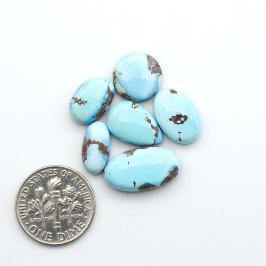 Golden Hills Turquoise cabochons, icy blue to lavender tones with chocolate matrix, polished stones on a white background with a US dime for scale