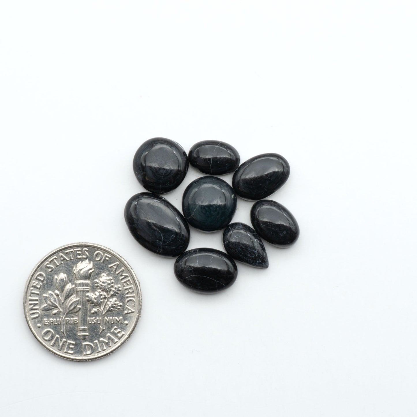 White Buffalo stone cabochons, white stone with black matrix, polished stones on a white background, with a US dime for scale