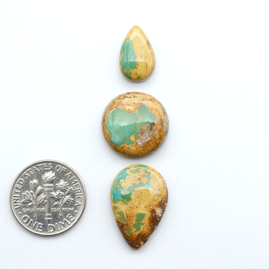 Royston Turquoise cabochons, blue-green color with natural matrix, polished stones on a white background, with a US dime for scale