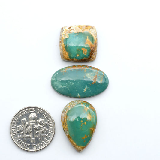 Royston Turquoise cabochons, blue-green color with natural matrix, polished stones on a white background, with a US dime for scale