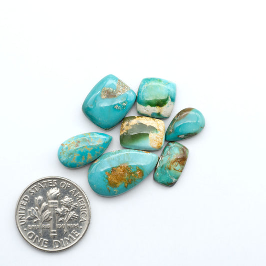 Royston Turquoise cabochons, blue-green color with natural matrix, polished stones on a white background, with a US dime for scale