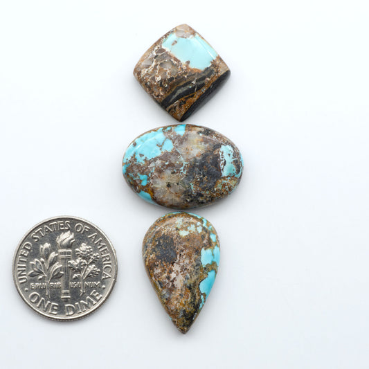 Black Jack Turquoise cabochons, blue-green color with black matrix, polished stones on a white background, with a US dime for scale