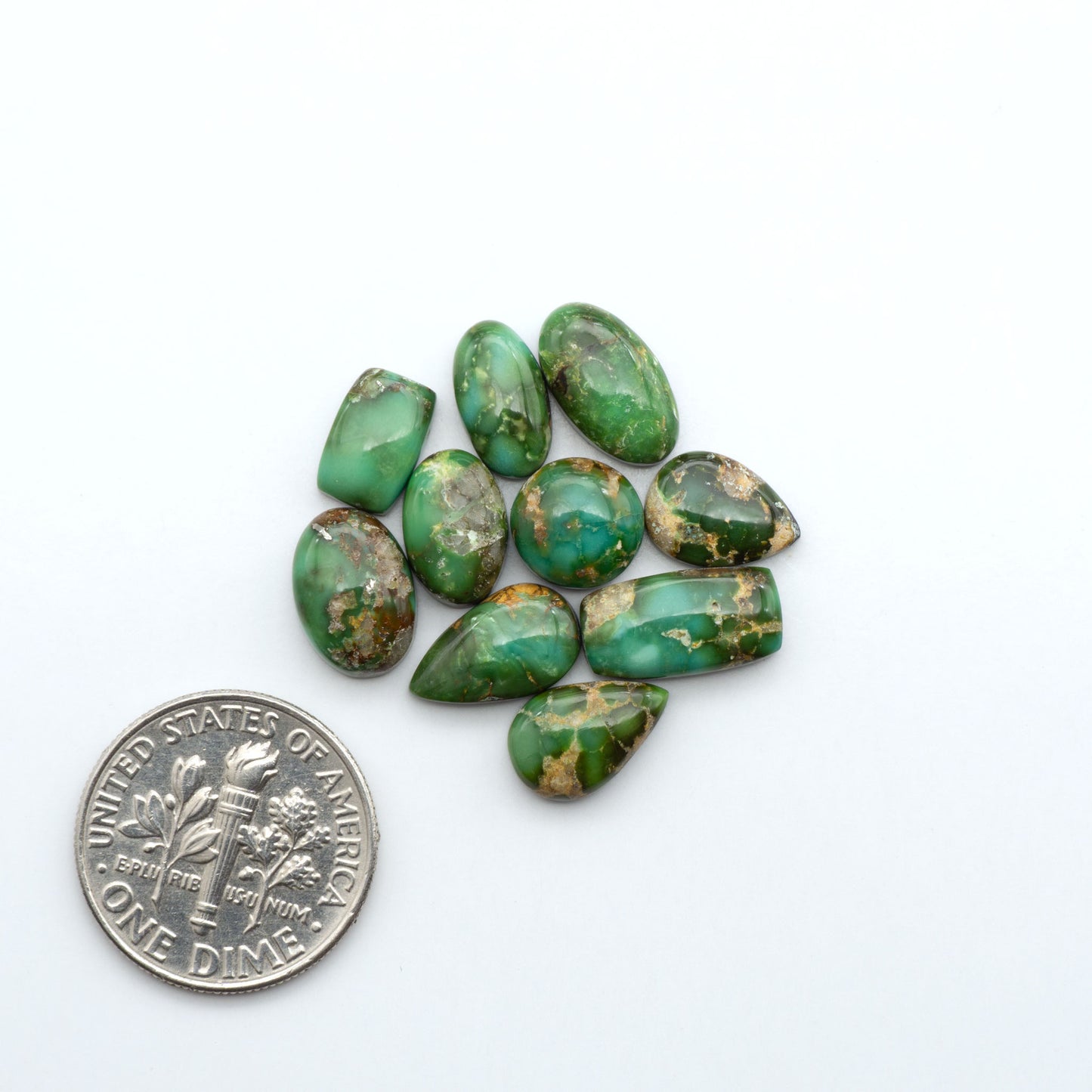 Sonoran Mountain Turquoise cabochons, blue-green color with natural matrix, polished stones on a white background, with a US dime for scale