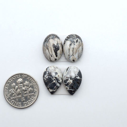 White Buffalo stone cabochons, white stone with black matrix, polished stones on a white background, with a US dime for scale