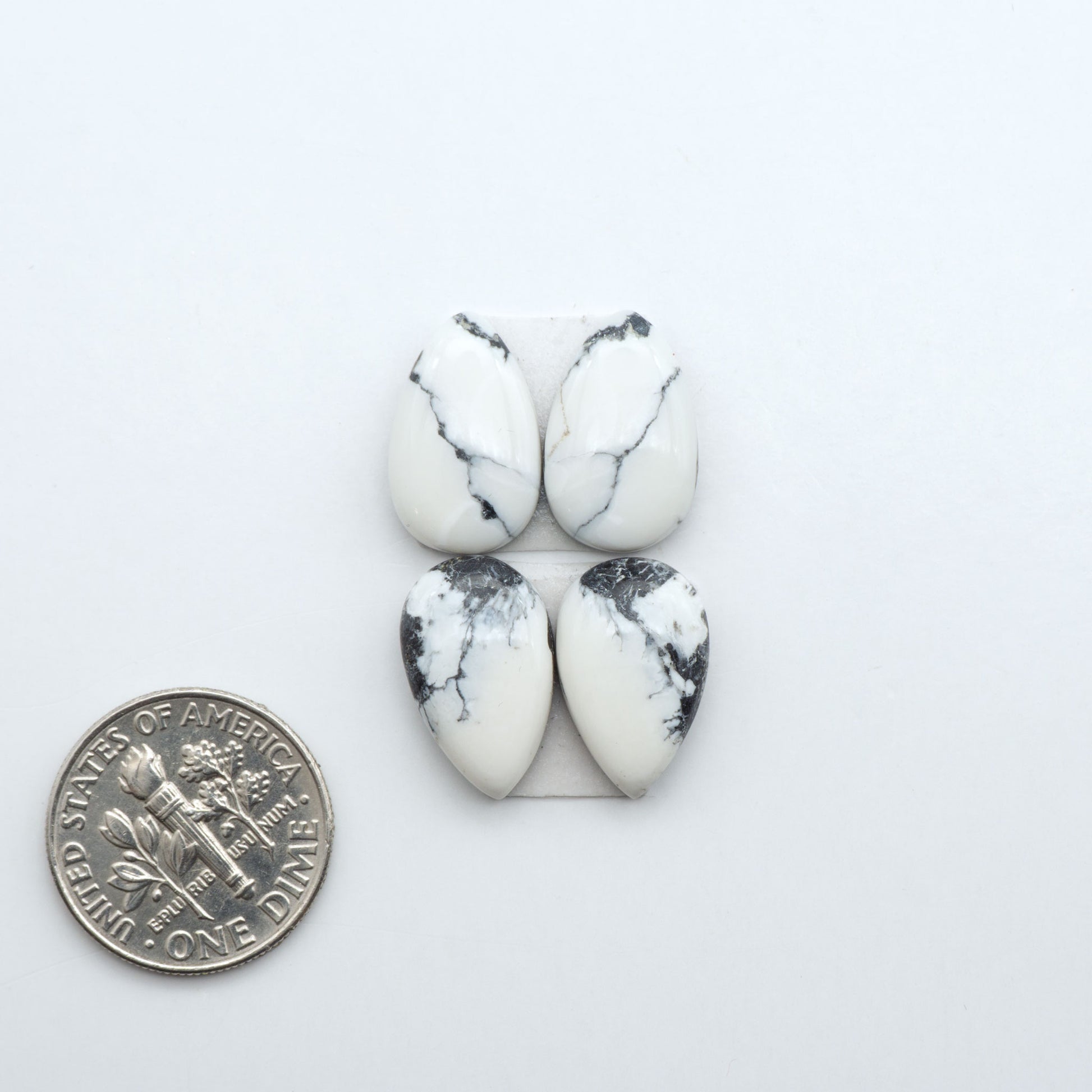 White Buffalo stone cabochons, white stone with black matrix, polished stones on a white background, with a US dime for scale