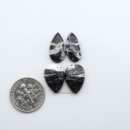 White Buffalo stone cabochons, white stone with black matrix, polished stones on a white background, with a US dime for scale